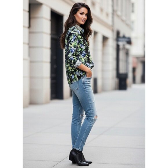 Vtg Y2K Wielisa 100% Silk Floral Button Down L/S Blouse | Quiet Luxury Resort XS - Picture 5 of 16